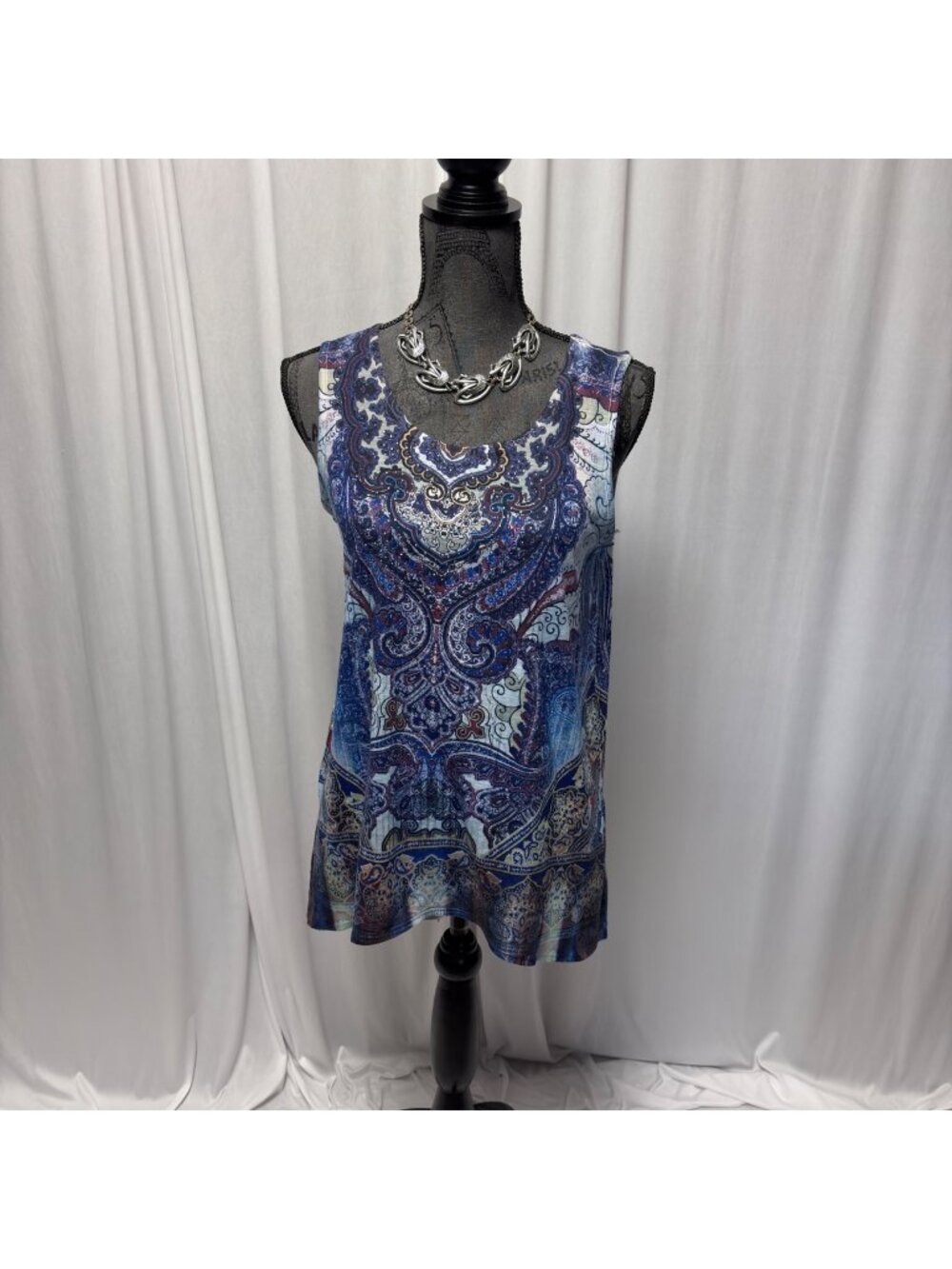 World Unity Sleeveless Womens Tunic Top Small Blue Paisley With Lace Back Design